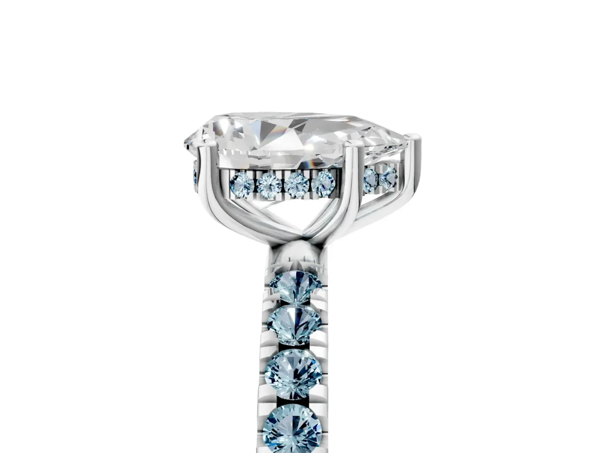Pear Cut Diamond Pave Band Solitaire Ring with Round Aquamarine and Prong Setting Platinum