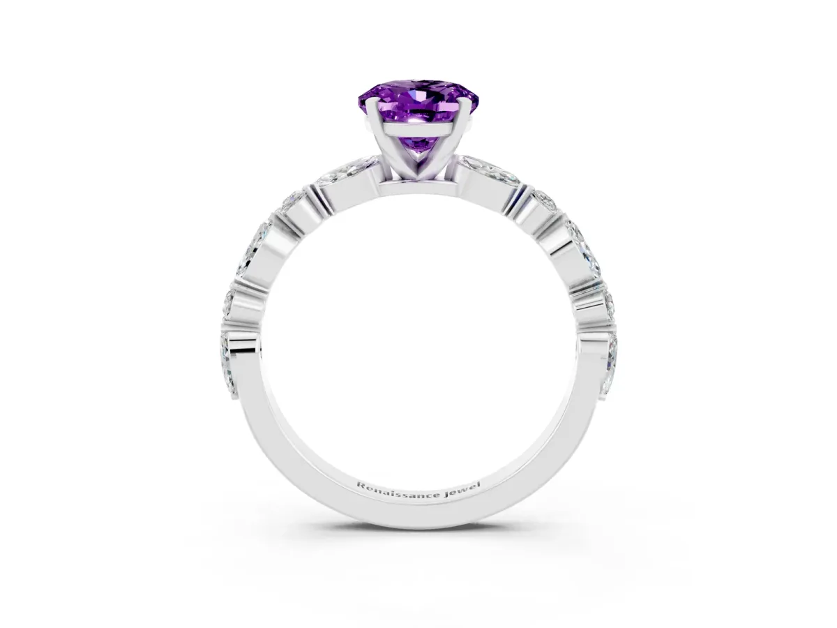 Oval Cut Amethyst Ring with Marquise and Round Side Stones and Four-Prong Setting Platinum
