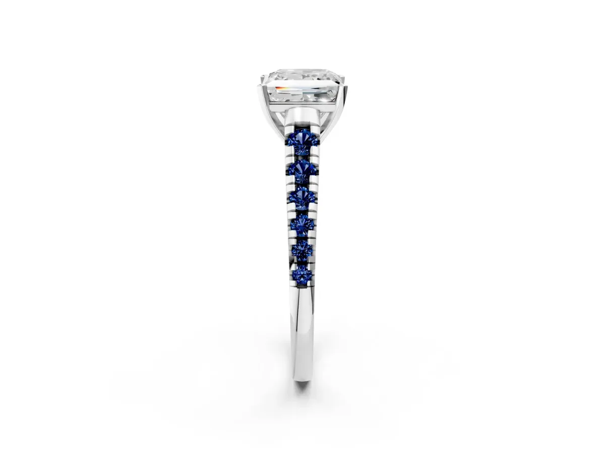 Princess Cut Diamond Cathedral Solitaire Ring with Round Blue Sapphire Pavé Band Platinum