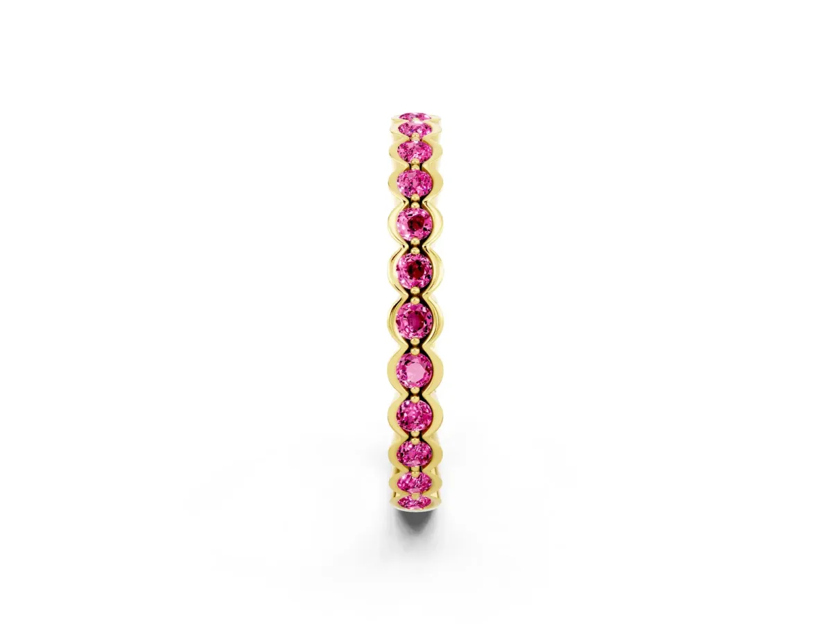 Round Pink Sapphire Bezel Set Eternity Band Yellow gold
