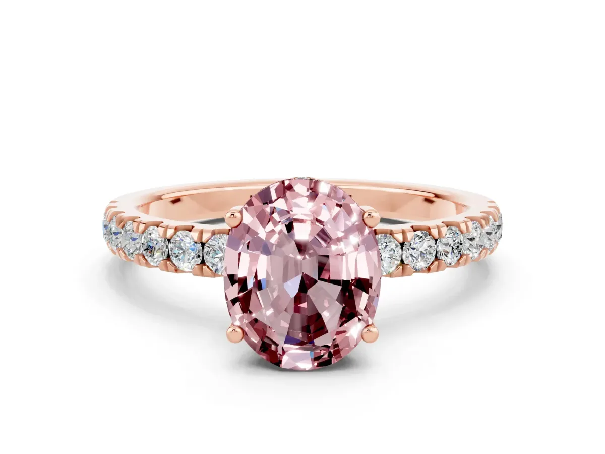 Oval Cut Morganite Pave Band Solitaire Ring with Round and Prong Setting Rose gold