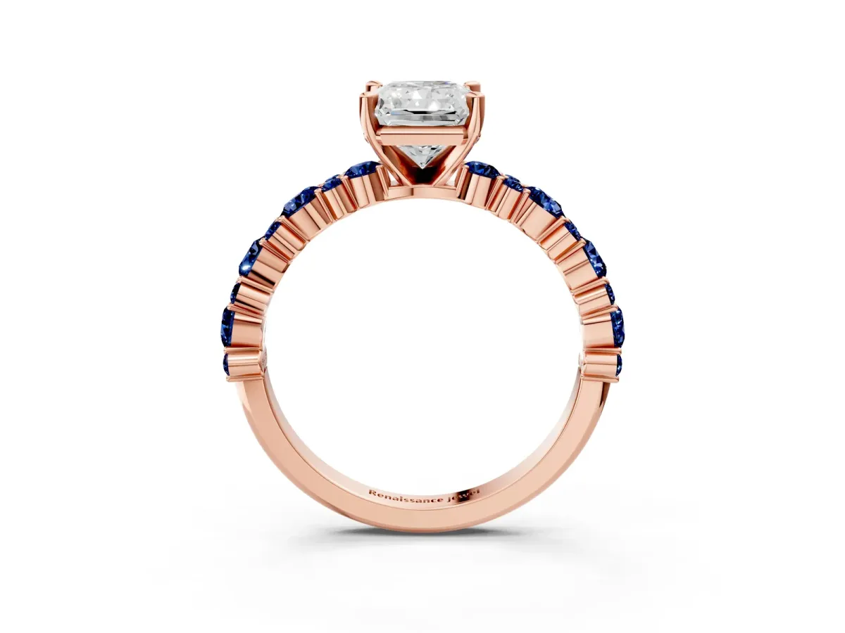 Radiant Cut Diamond Side Stone Solitaire Ring with Round Blue Sapphire and Four-Prong Setting Rose gold