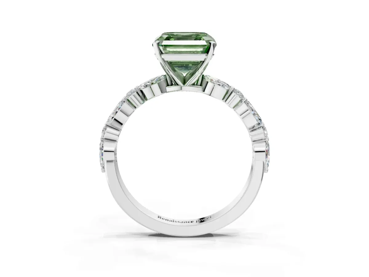 Fancy Green Asscher Cut Diamond Ring with Marquise and Round Side Stones and Four-Prong Setting Silver