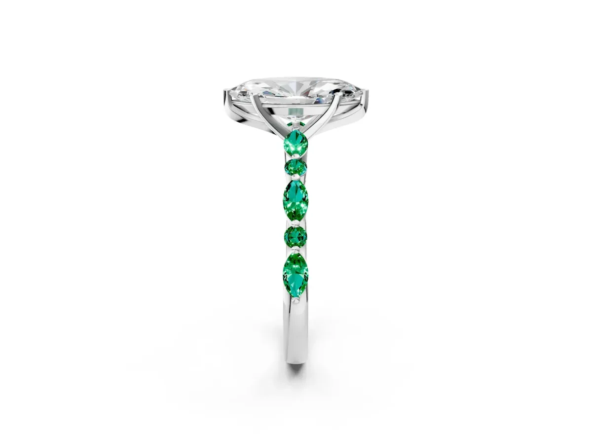 Marquise Cut Diamond Ring with Marquise and Round Emerald Side Stones and Four-Prong Setting Silver