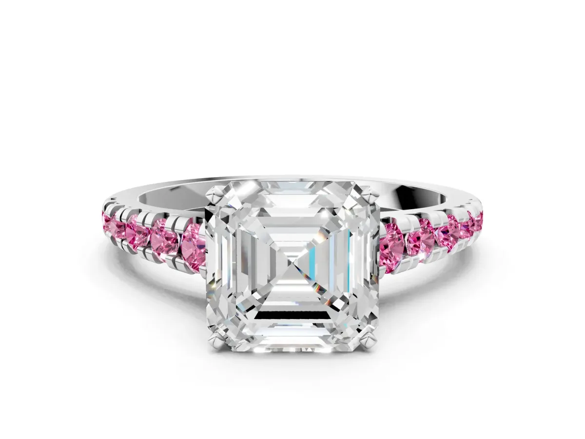 Asscher Cut Diamond Cathedral Solitaire Ring with Round Pink Sapphire Pavé Band Platinum