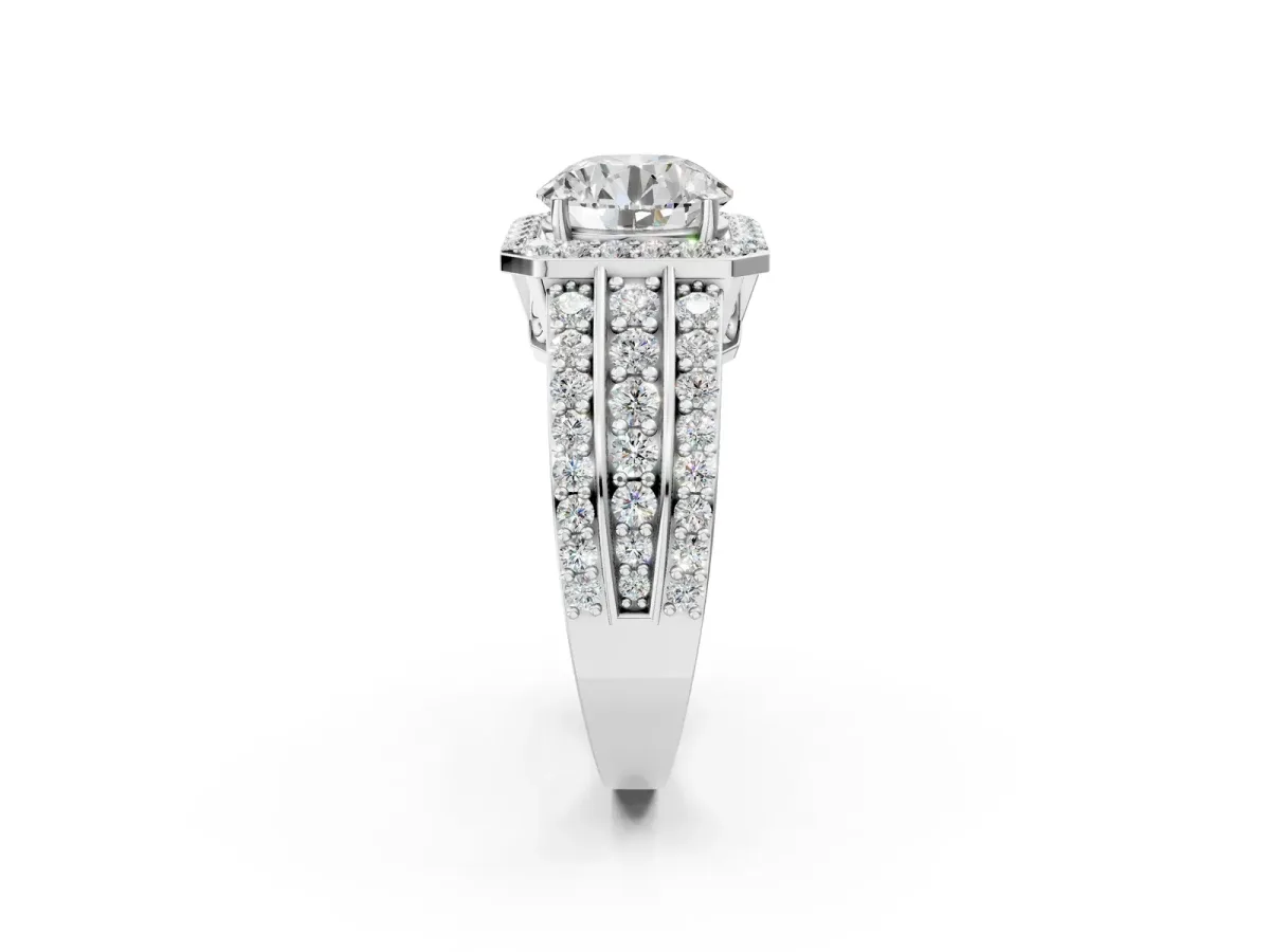 Round Cut Halo Diamond Ring with Round Tanzanite Split Shank and Prong Setting Silver