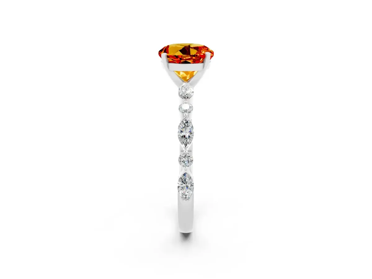Round Cut Citrine Ring with Marquise and Round Side Stones and Four-Prong Setting Platinum