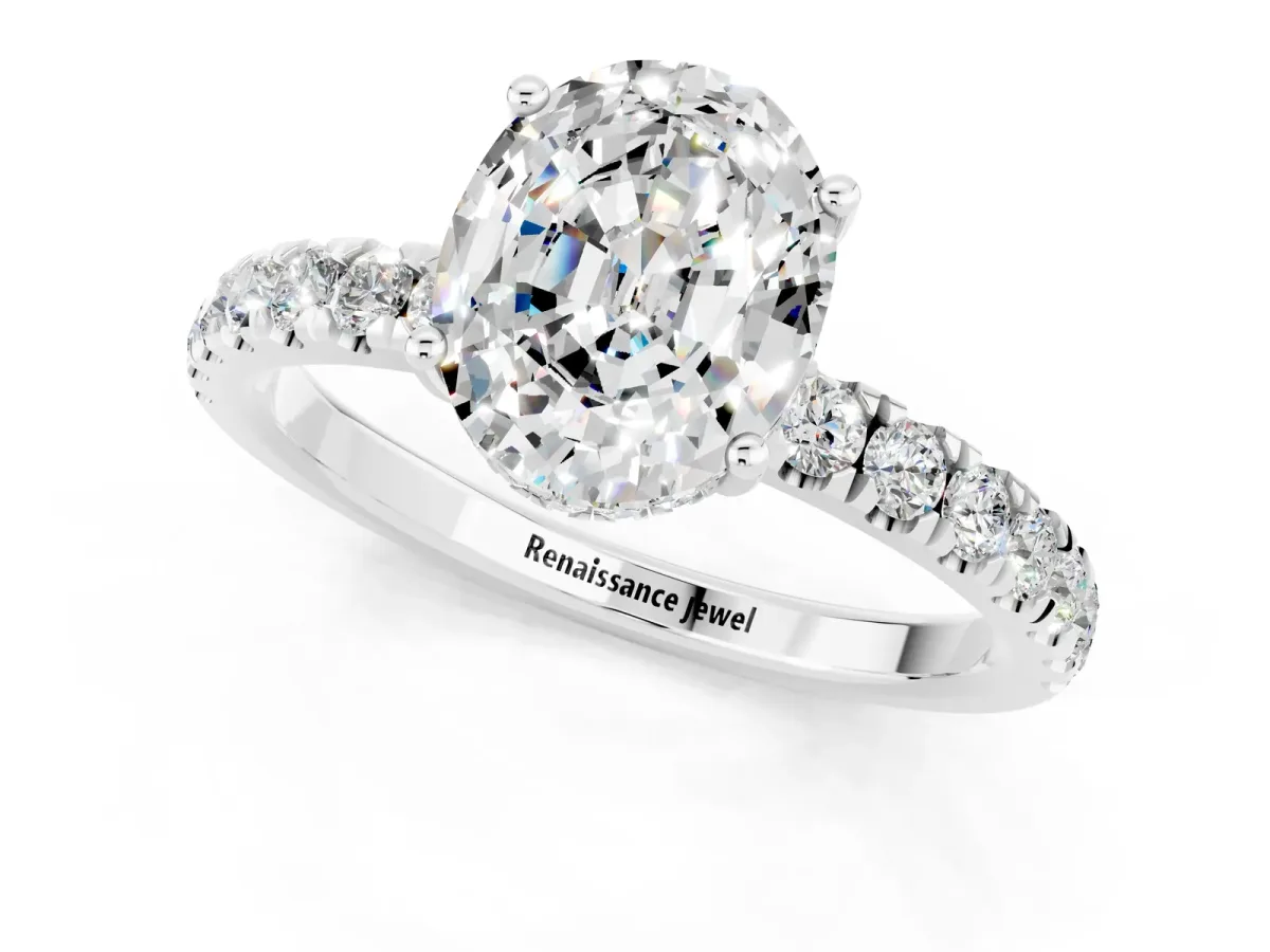 Oval Cut Moissanite Pave Band Solitaire Ring with Round and Prong Setting White gold