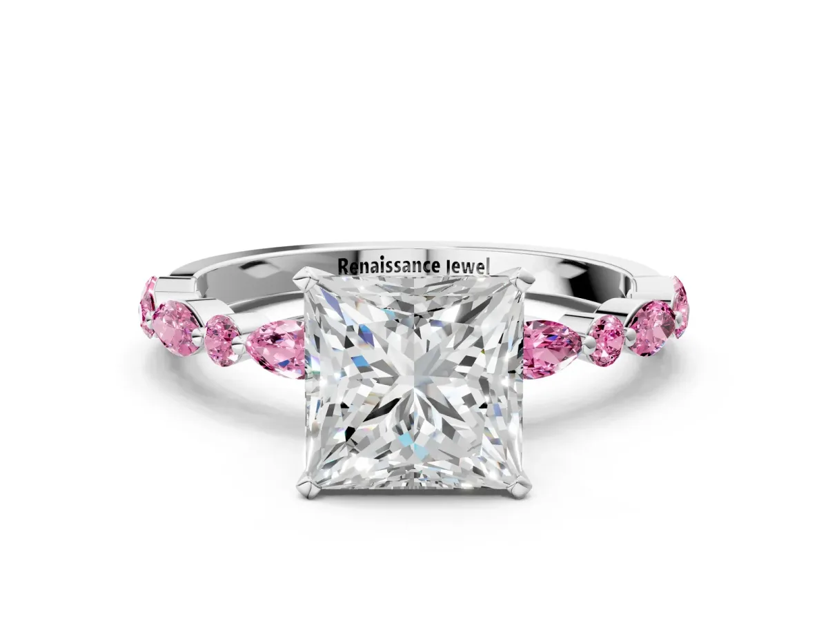 Princess Cut Diamond Ring with Marquise and Round Pink Sapphire Side Stones and Four-Prong Setting Silver