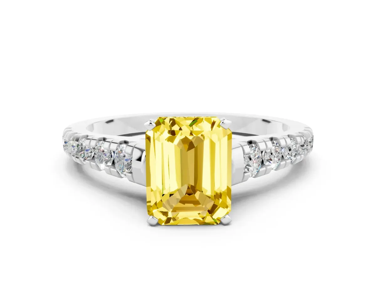 Emerald Cut Yellow Sapphire Cathedral Solitaire Ring with Round Pavé Band White gold