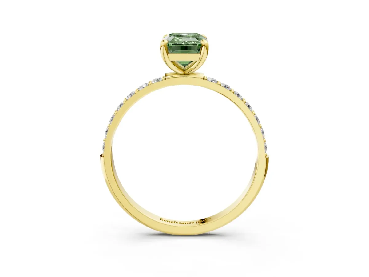 Fancy Green Emerald Cut Diamond Solitaire Ring with Round Pavé Band and Prong Setting Yellow gold