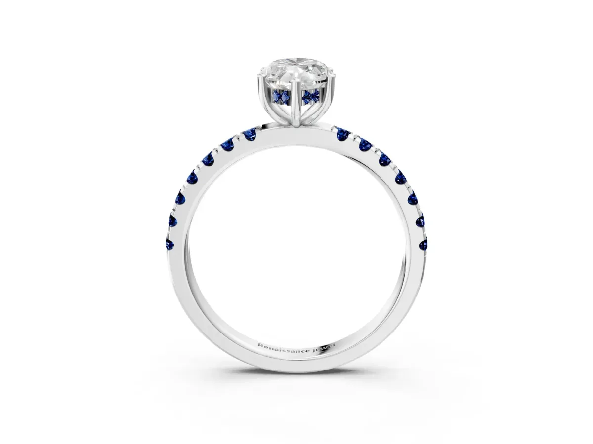 Marquise Cut Diamond Pave Band Solitaire Ring with Round Blue Sapphire and Prong Setting Platinum