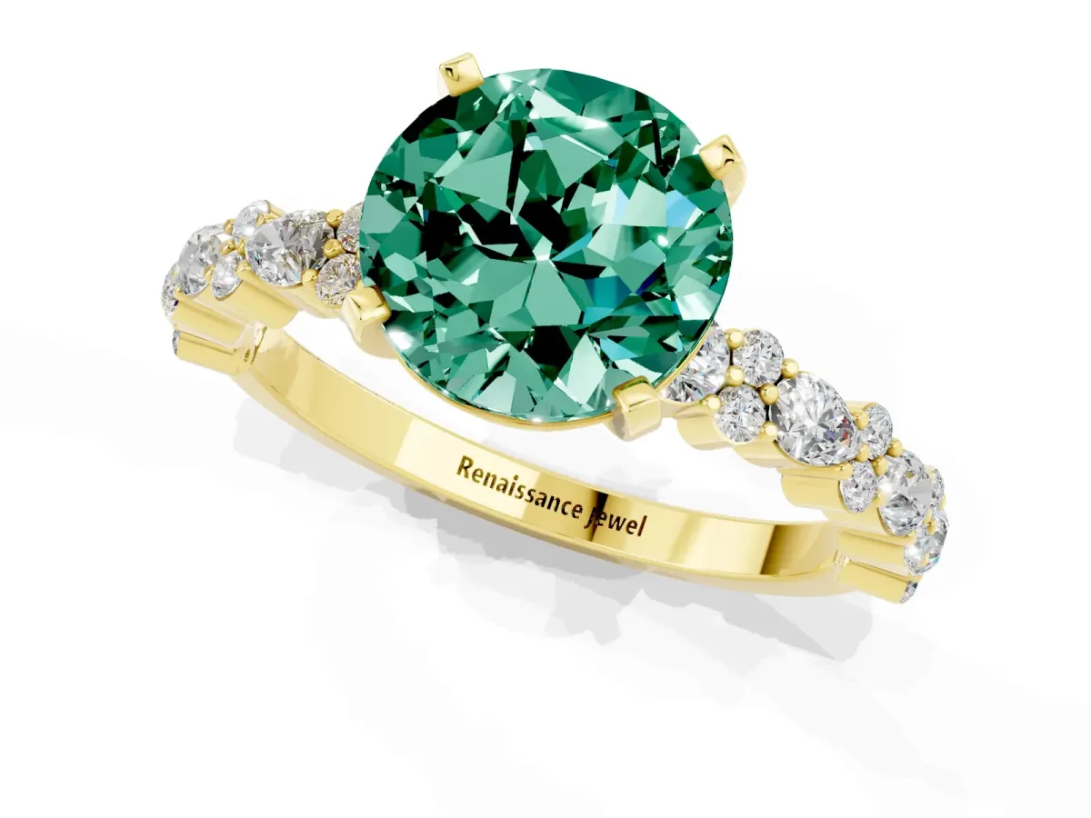 Round Cut Green Sapphire Side Stone Solitaire Ring with Round and Four-Prong Setting Yellow gold