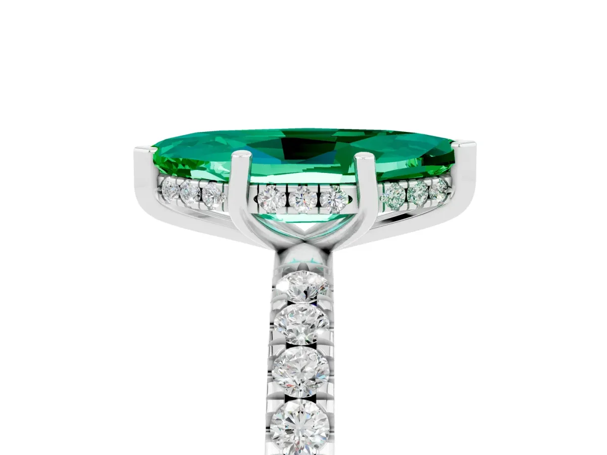 Marquise Cut Emerald Pave Band Solitaire Ring with Round and Prong Setting Platinum