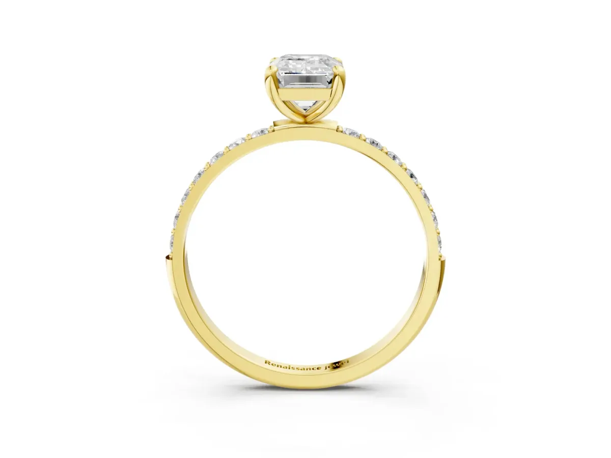 Emerald Cut Diamond Solitaire Ring with Round Moissanite Pavé Band and Prong Setting Yellow gold