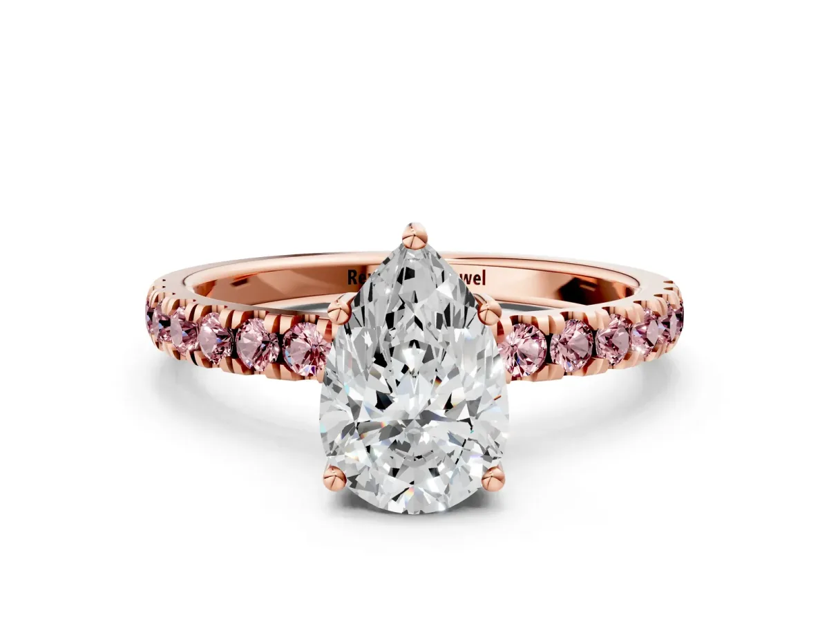 Pear Cut Diamond Pave Band Solitaire Ring with Round Morganite and Prong Setting Rose gold