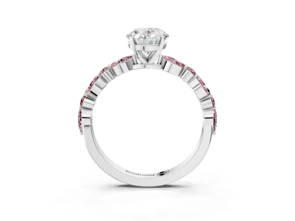 Oval Cut Diamond Ring with Marquise and Round Morganite Side Stones and Four-Prong Setting Silver