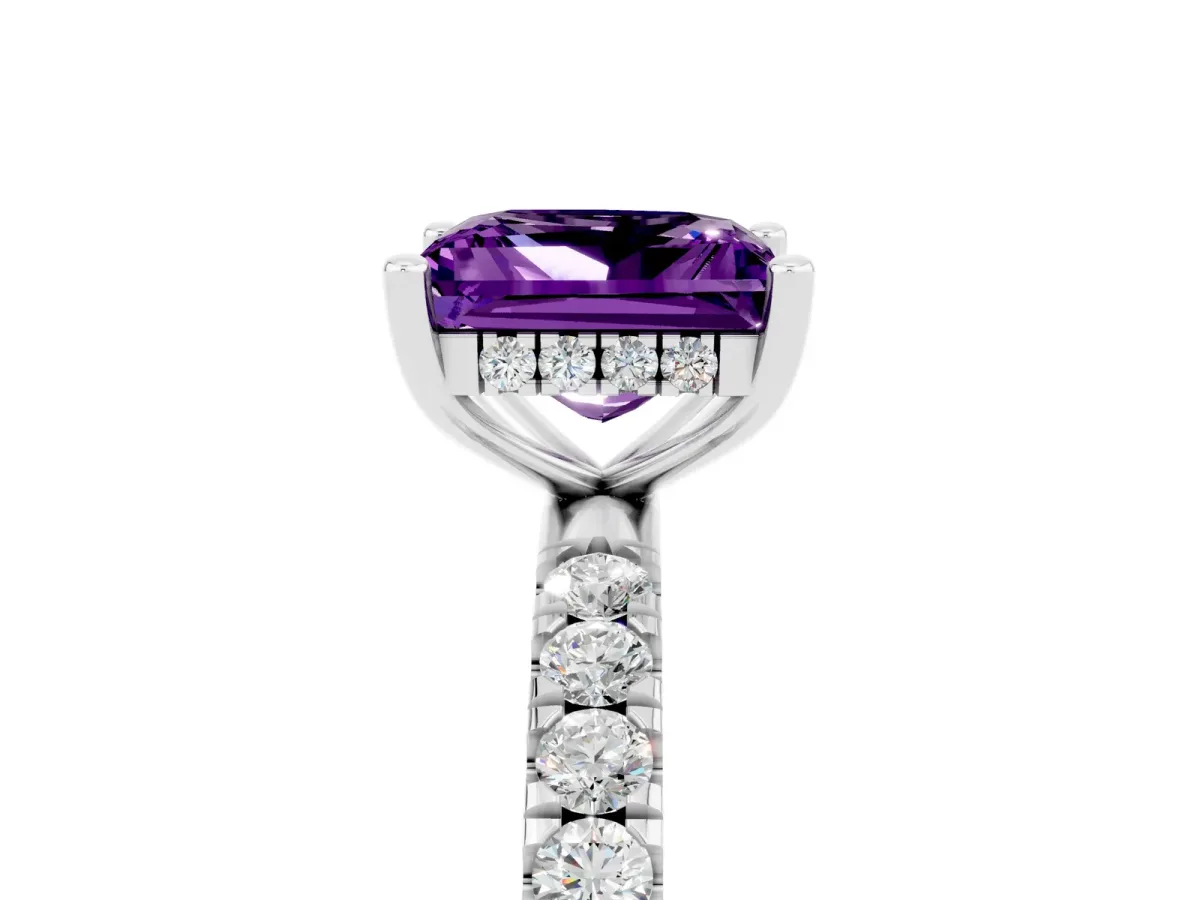 Princess Cut Amethyst Pave Band Solitaire Ring with Round and Prong Setting Platinum