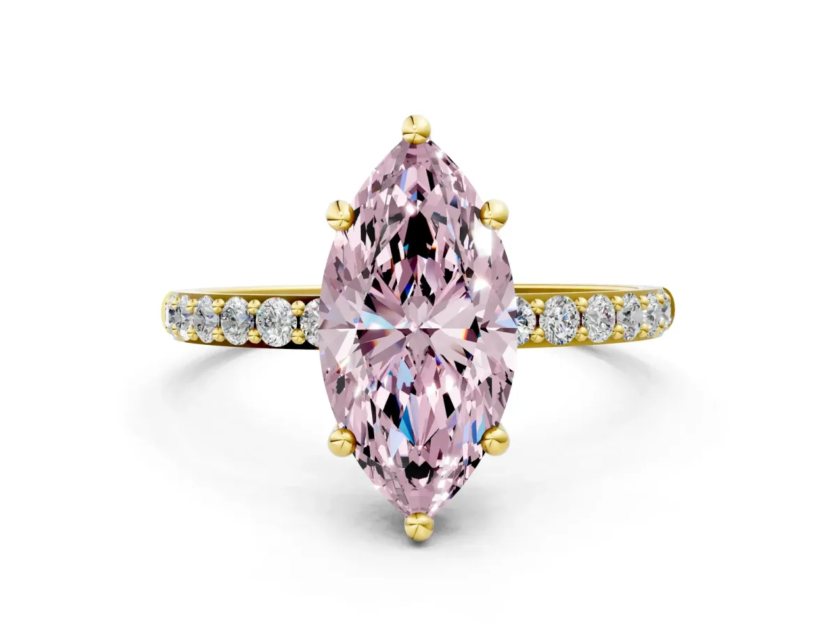 Fancy Pink Marquise Cut Diamond Solitaire Ring with Round Pavé Band and Prong Setting Yellow gold