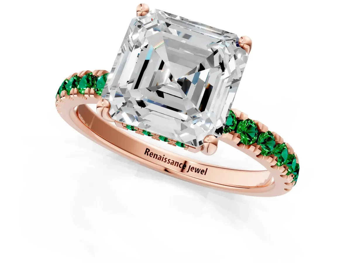 Asscher Cut Diamond Pave Band Solitaire Ring with Round Emerald and Prong Setting Rose gold