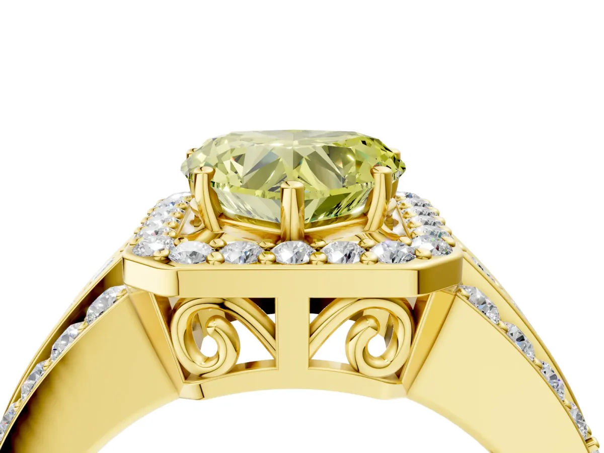 Fancy Yellow Heart Cut Halo Diamond Ring with Round Split Shank and Prong Setting Yellow gold