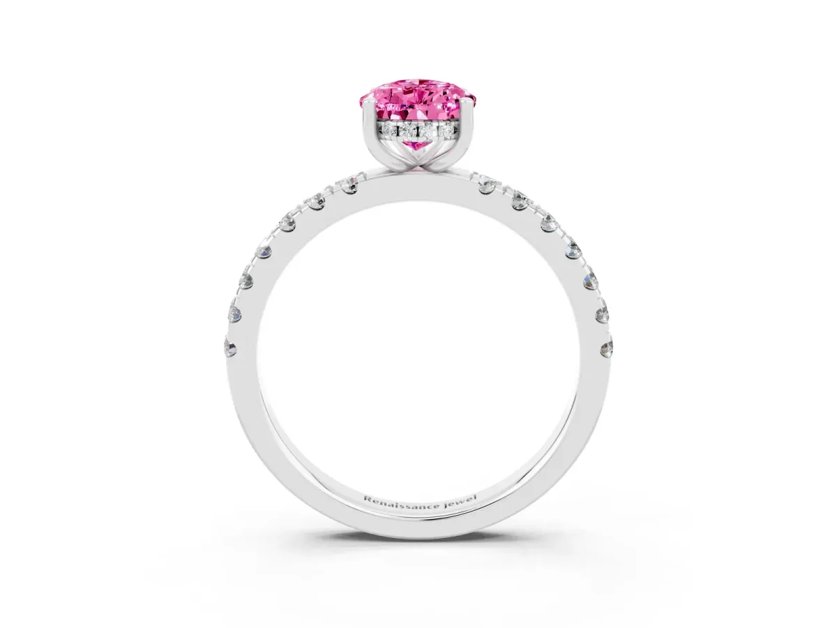 Pear Cut Pink Sapphire Pave Band Solitaire Ring with Round and Prong Setting Silver