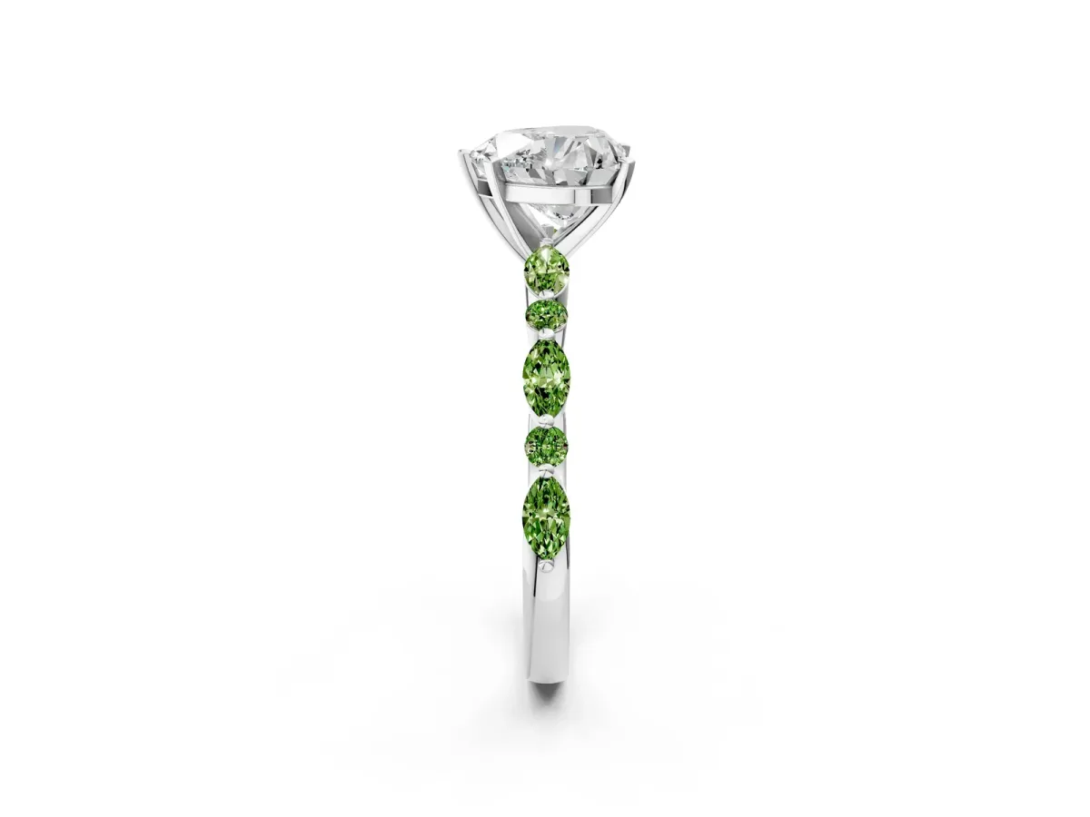 Heart Cut Diamond Ring with Marquise and Round Peridot Side Stones and Four-Prong Setting Silver