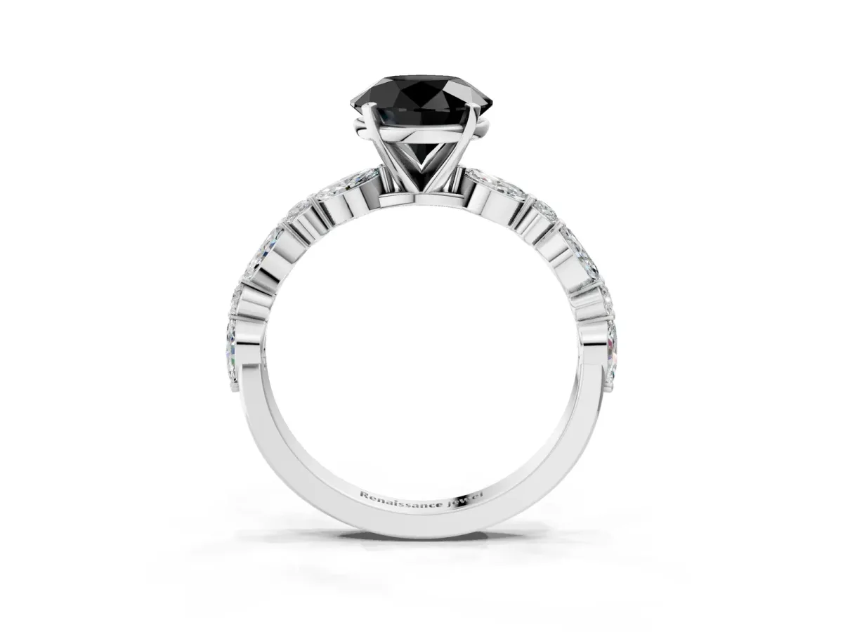 Fancy Black Round Cut Diamond Ring with Marquise and Round Side Stones and Four-Prong Setting Silver