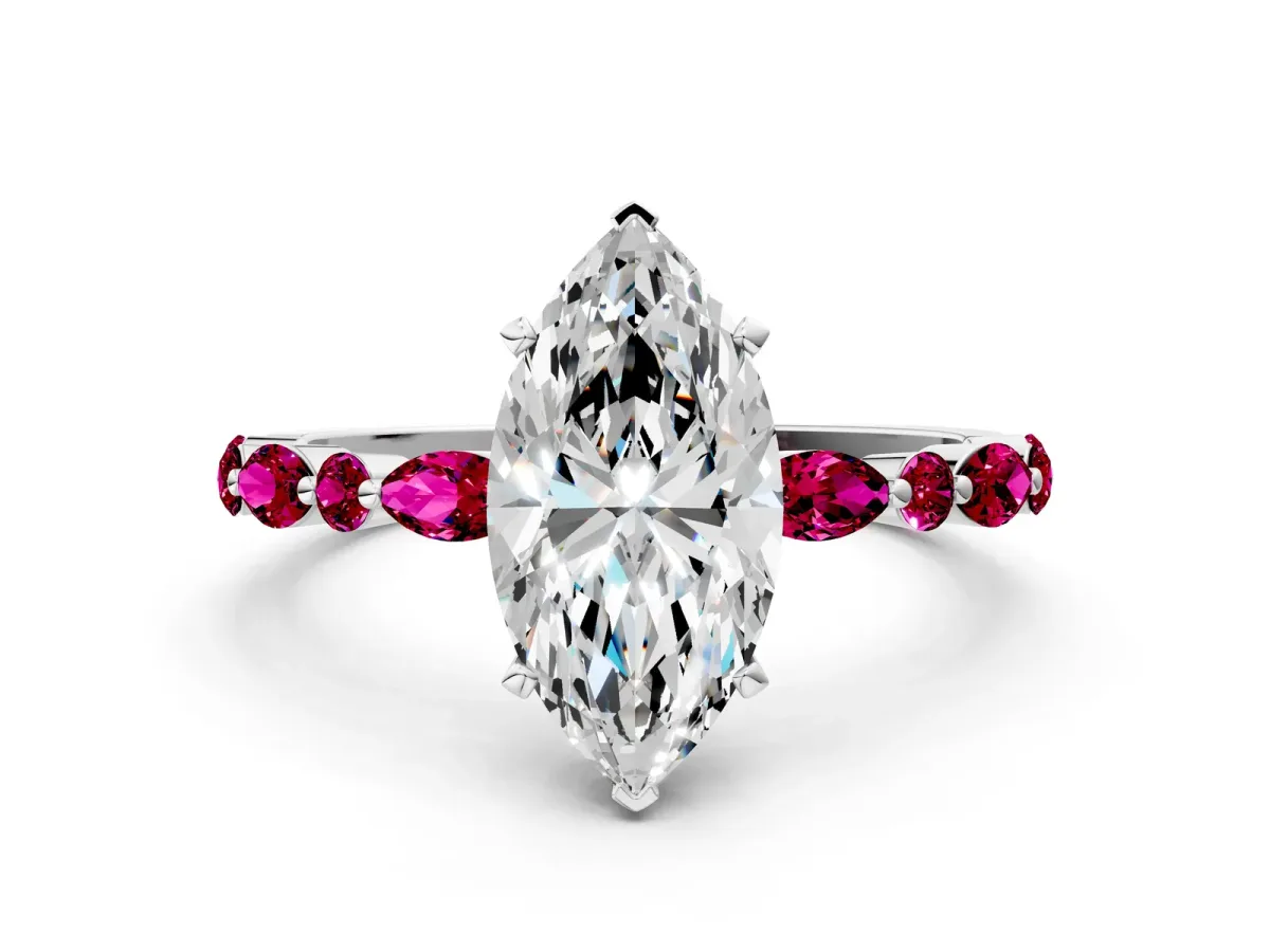 Marquise Cut Diamond Ring with Marquise and Round Garnet Side Stones and Four-Prong Setting Silver