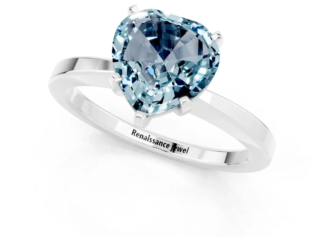 Heart Cut Aquamarine Solitaire Engagement Ring with Classic Band and Four-Prong Setting Silver