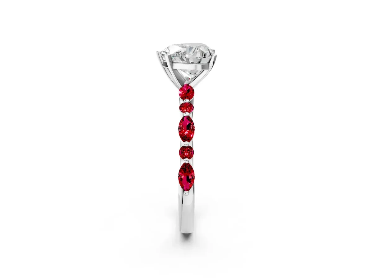Heart Cut Diamond Ring with Marquise and Round Ruby Side Stones and Four-Prong Setting Platinum