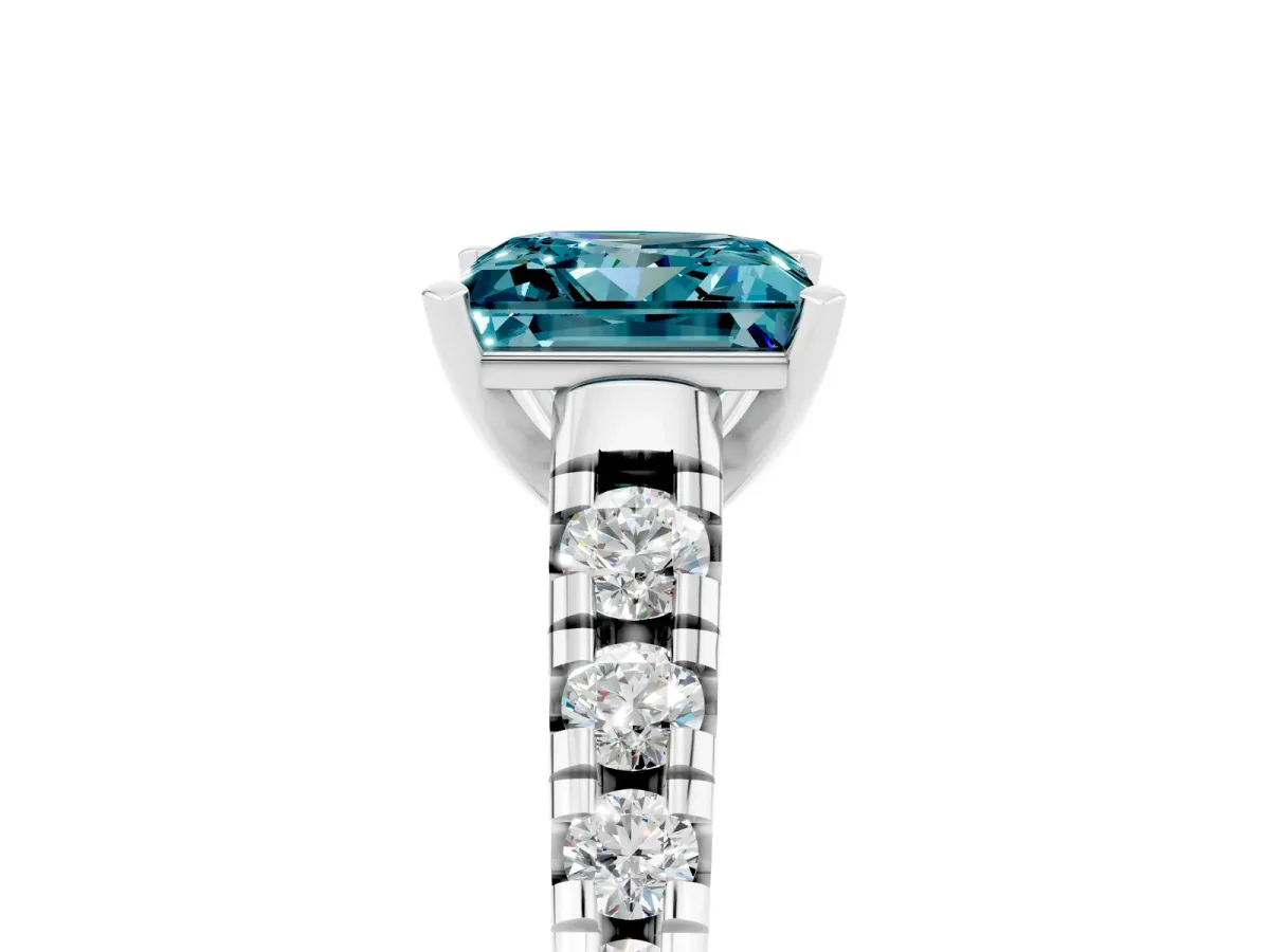 Princess Cut Blue Topaz Cathedral Solitaire Ring with Round Pavé Band Silver