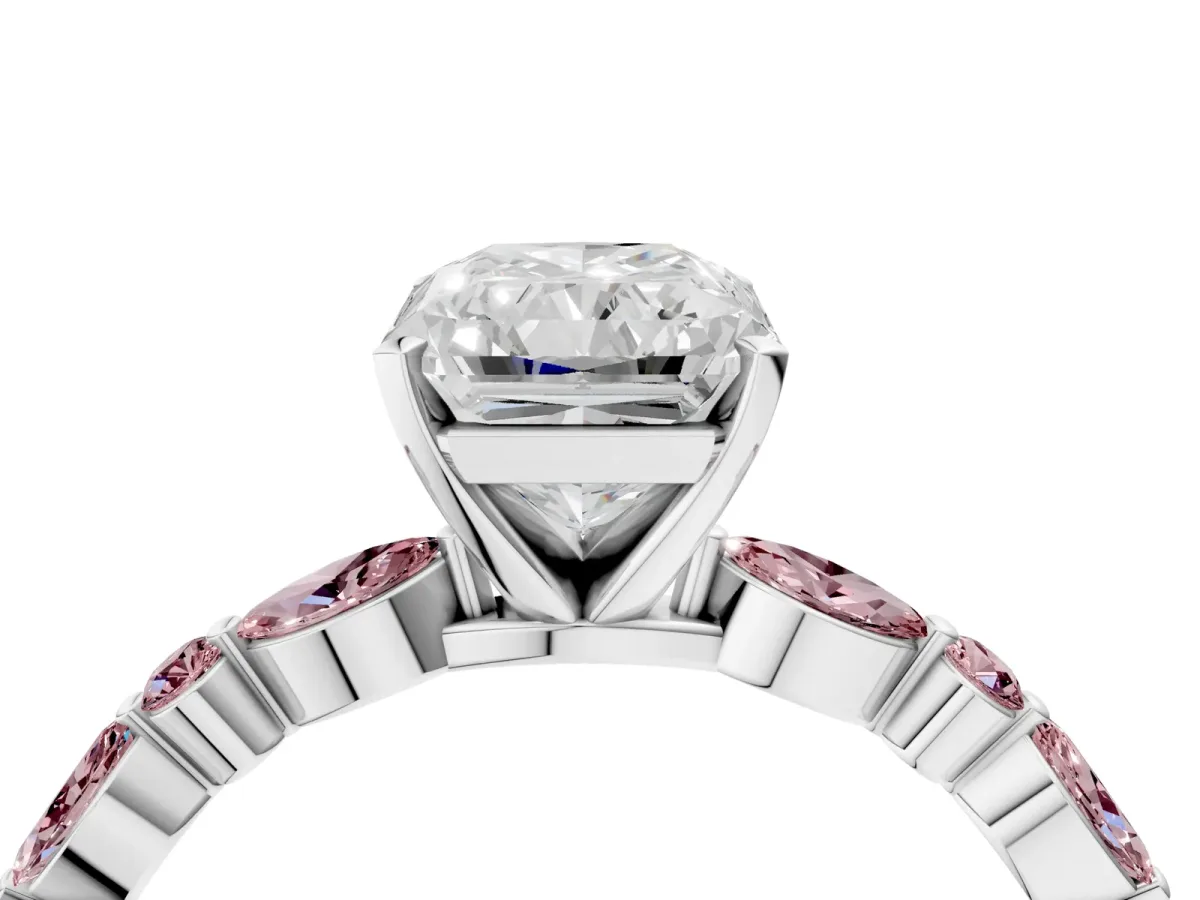 Radiant Cut Diamond Ring with Marquise and Round Morganite Side Stones and Four-Prong Setting Silver