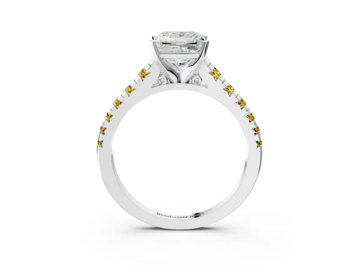 Princess Cut Diamond Cathedral Solitaire Ring with Round Yellow Sapphire Pavé Band Silver