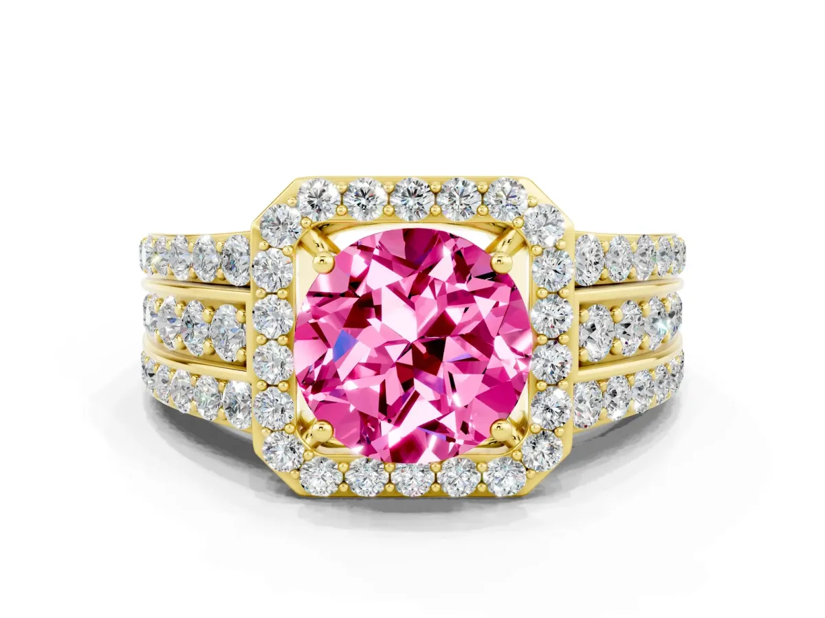 Round Cut Halo Pink Sapphire Ring with Round Split Shank and Prong Setting Yellow gold
