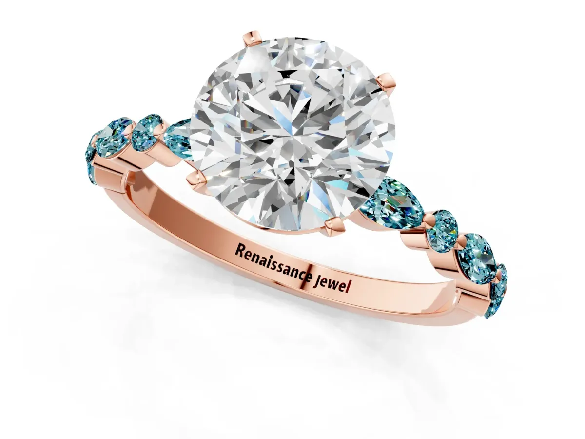 Round Cut Diamond Ring with Marquise and Round Blue Topaz Side Stones and Four-Prong Setting Rose gold