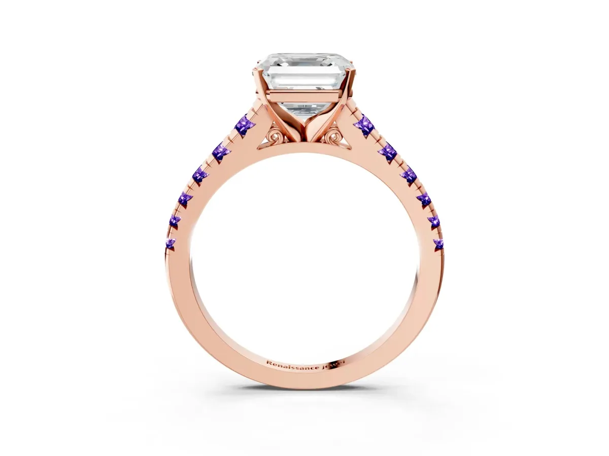 Asscher Cut Diamond Cathedral Solitaire Ring with Round Tanzanite Pavé Band Rose gold