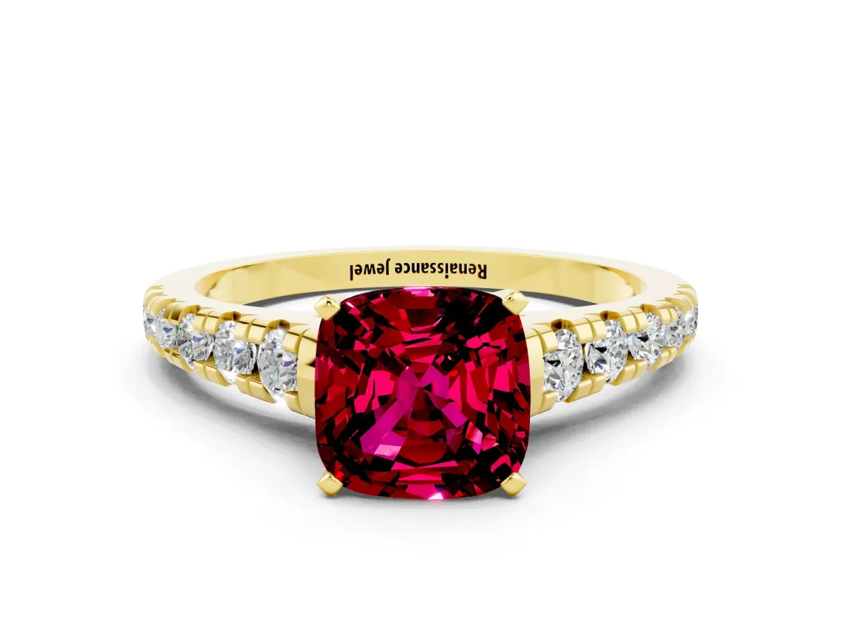 Cushion Cut Garnet Cathedral Solitaire Ring with Round Pavé Band Yellow gold