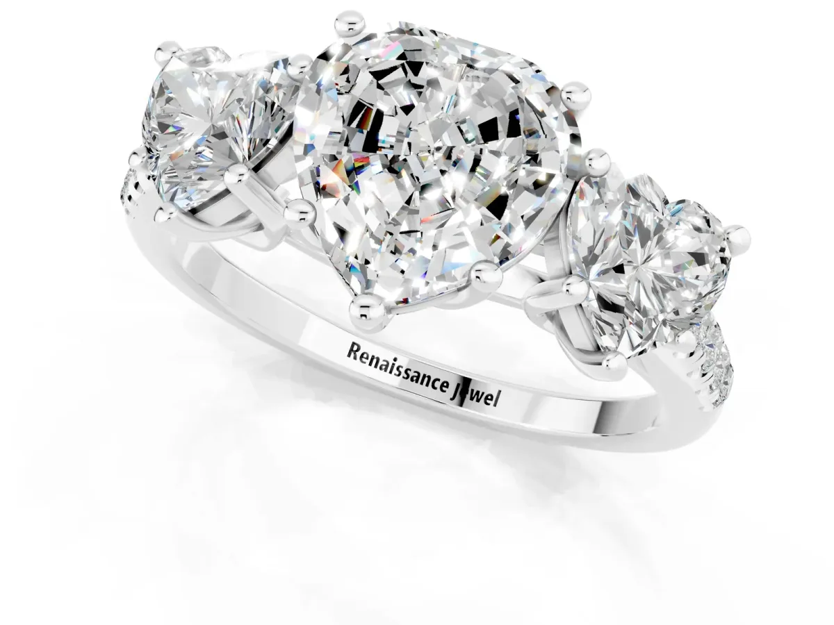 Three-Stone Heart Cut Moissanite Ring with Round Pavé Band and Prong Setting Silver