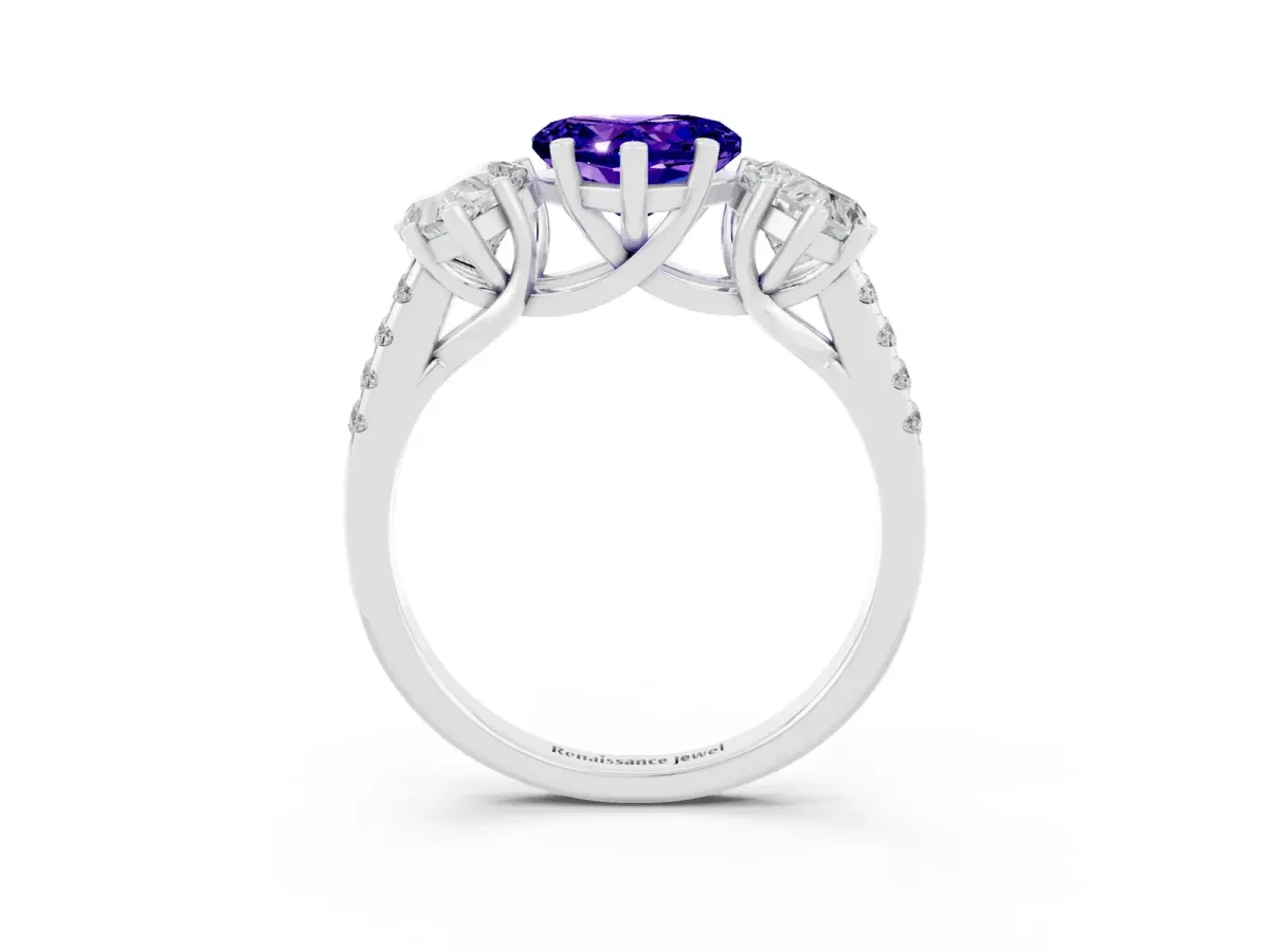 Three-Stone Heart Cut Tanzanite Ring with Round Pavé Band and Prong Setting Silver