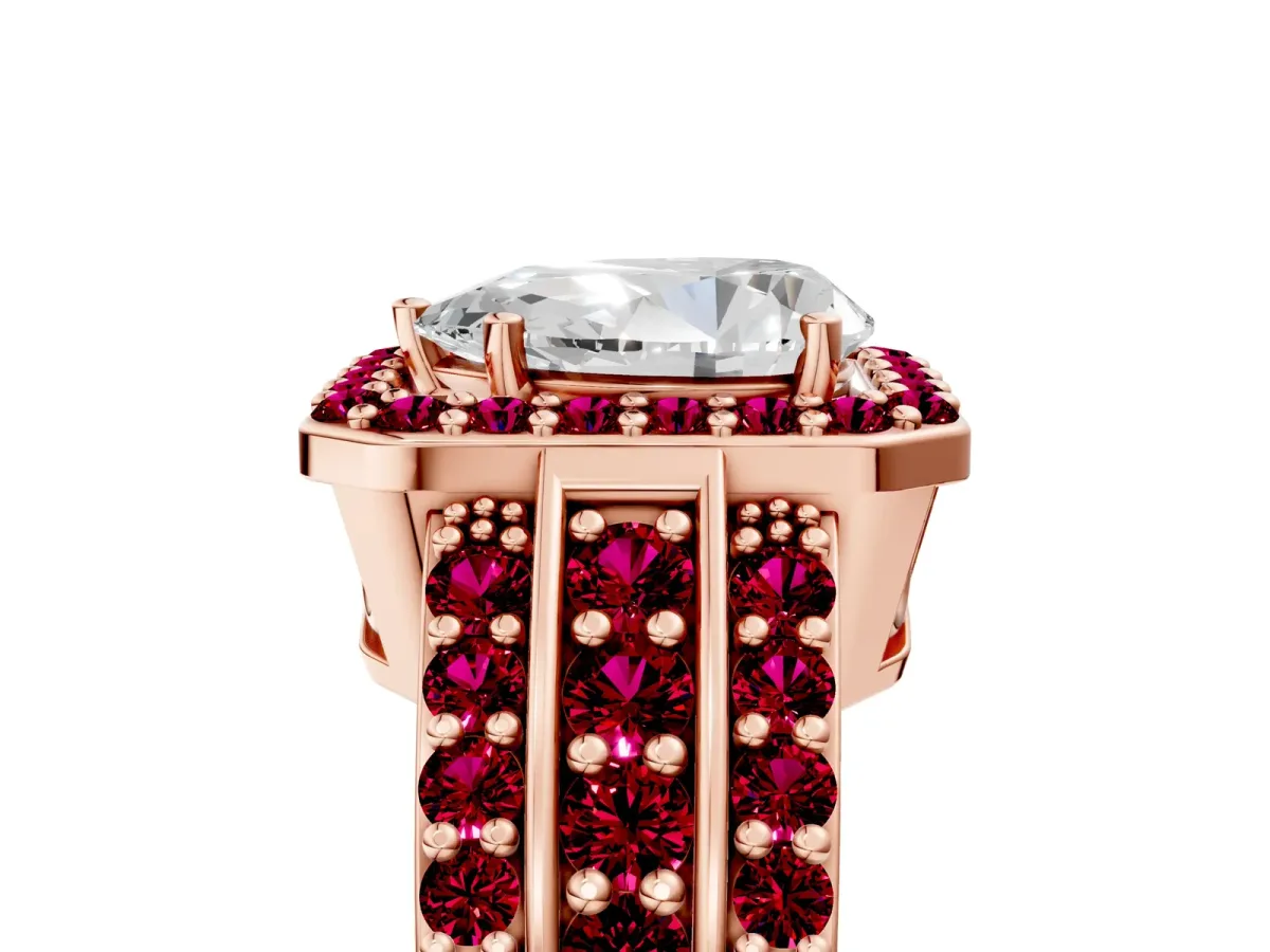 Pear Cut Halo Diamond Ring with Round Garnet Split Shank and Prong Setting Rose gold