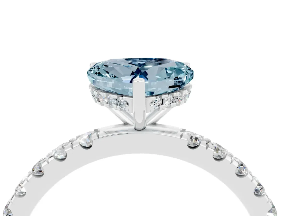 Heart Cut Aquamarine Pave Band Solitaire Ring with Round and Prong Setting Platinum