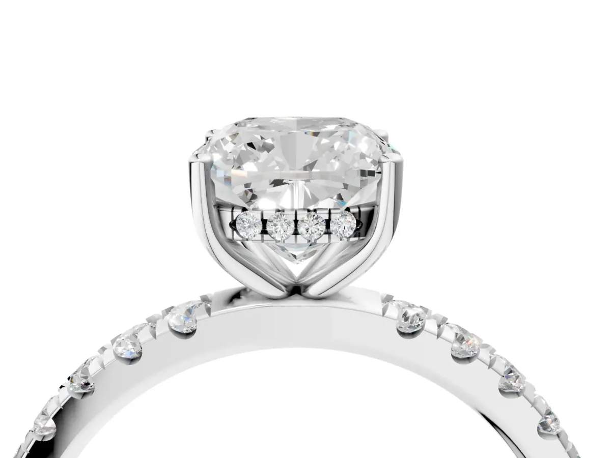 Cushion Cut Diamond Pave Band Solitaire Ring with Round Moissanite and Prong Setting Platinum