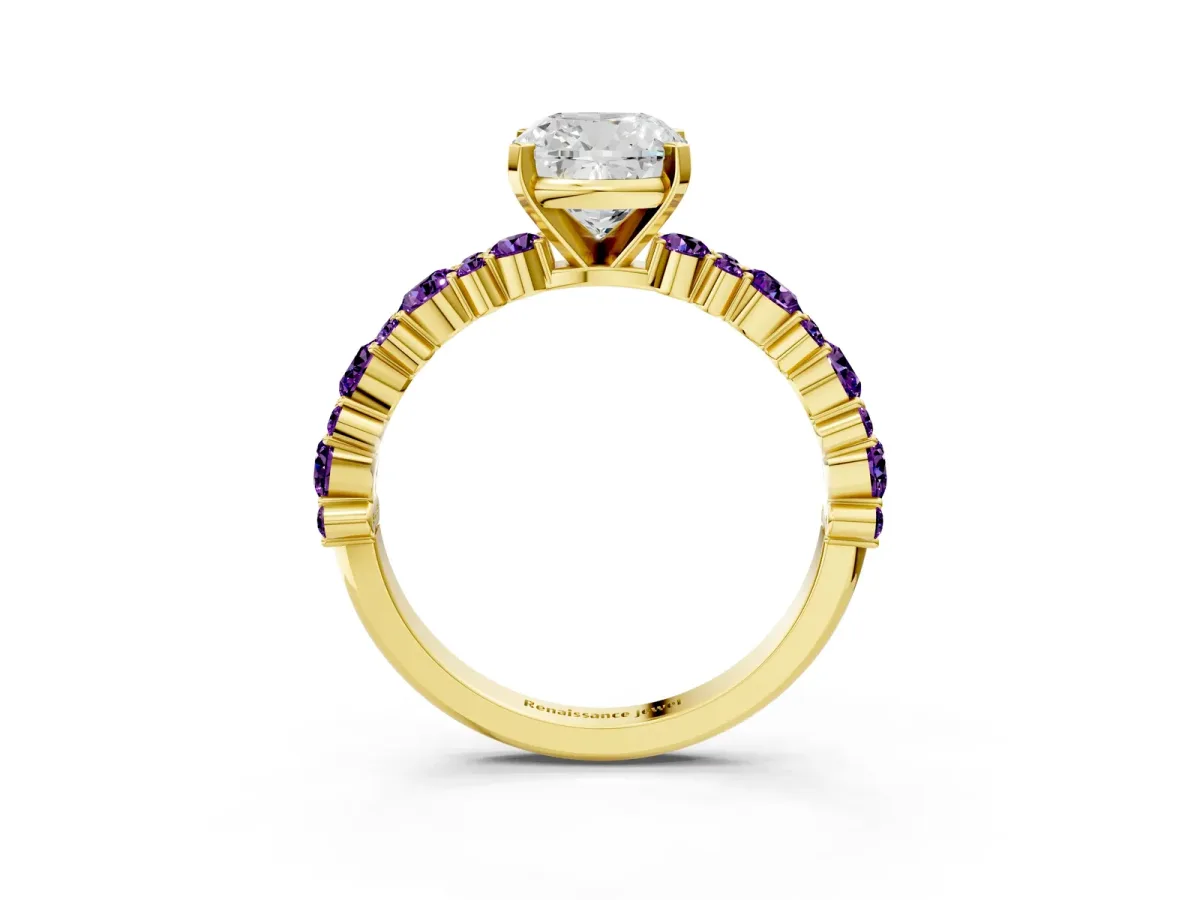 Cushion Cut Diamond Side Stone Solitaire Ring with Round Amethyst and Four-Prong Setting Yellow gold