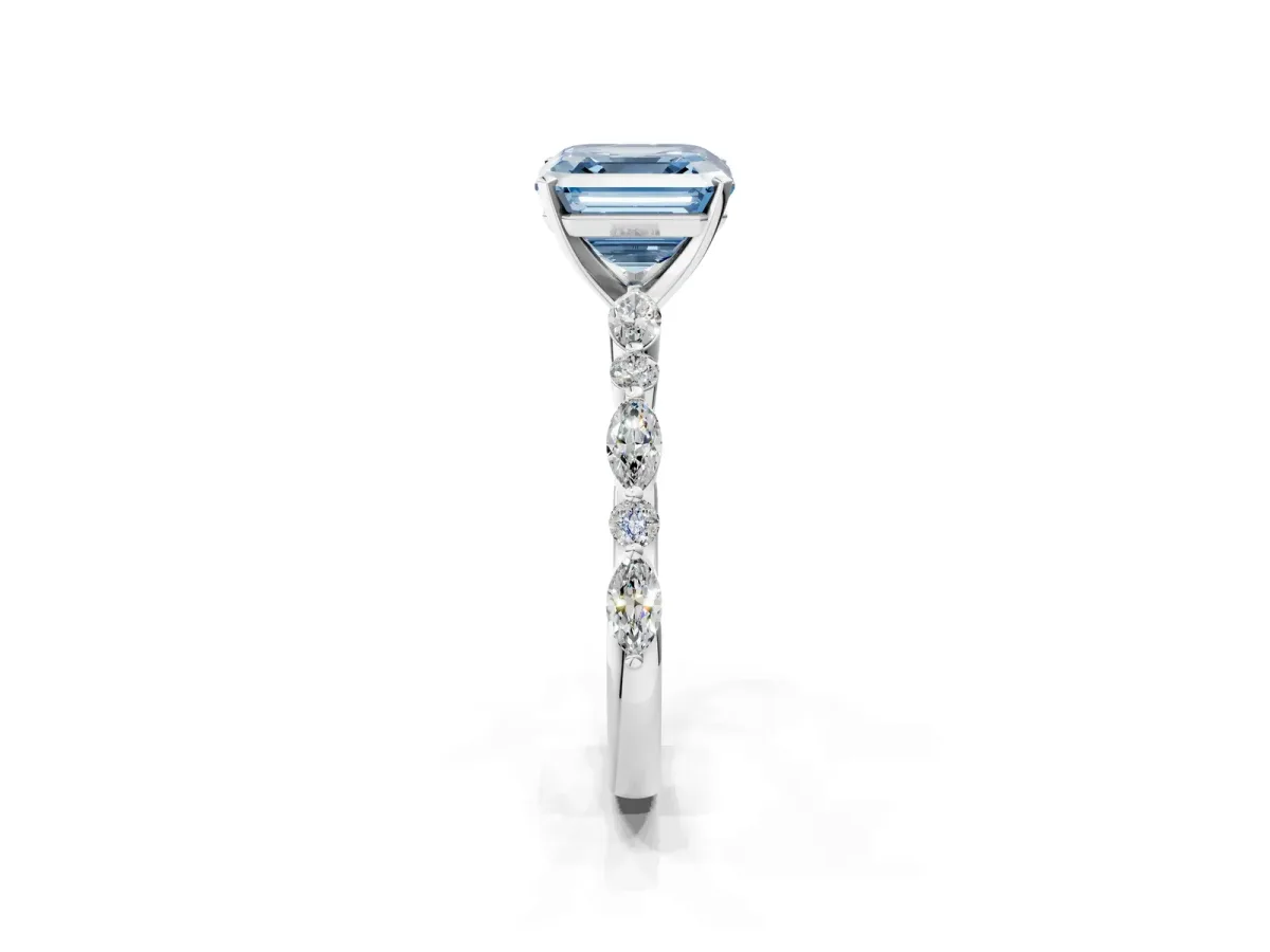Fancy Blue Asscher Cut Diamond Ring with Marquise and Round Side Stones and Four-Prong Setting Silver