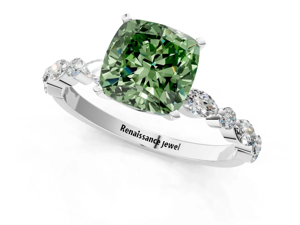 Fancy Green Cushion Cut Diamond Ring with Marquise and Round Side Stones and Four-Prong Setting Silver