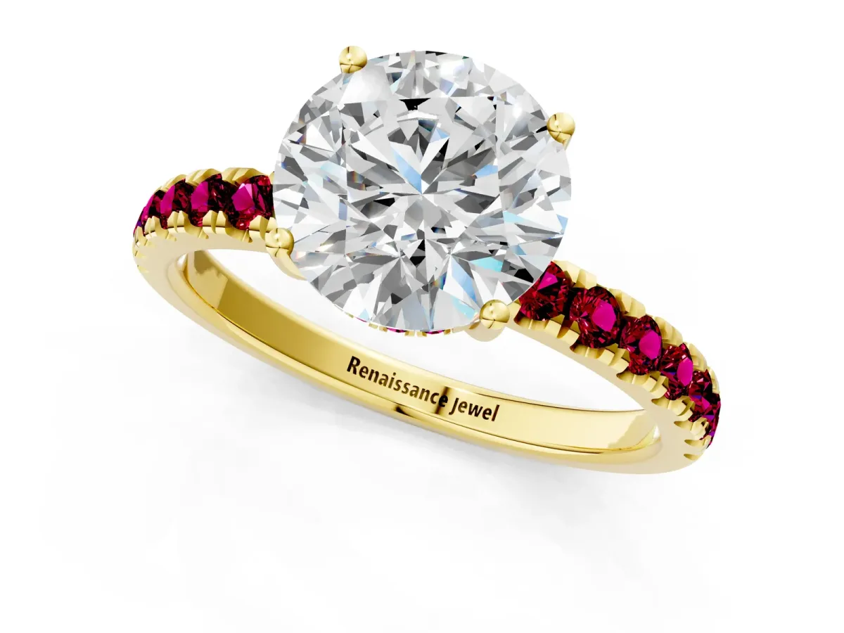 Round Cut Diamond Pave Band Solitaire Ring with Round Garnet and Prong Setting Yellow gold