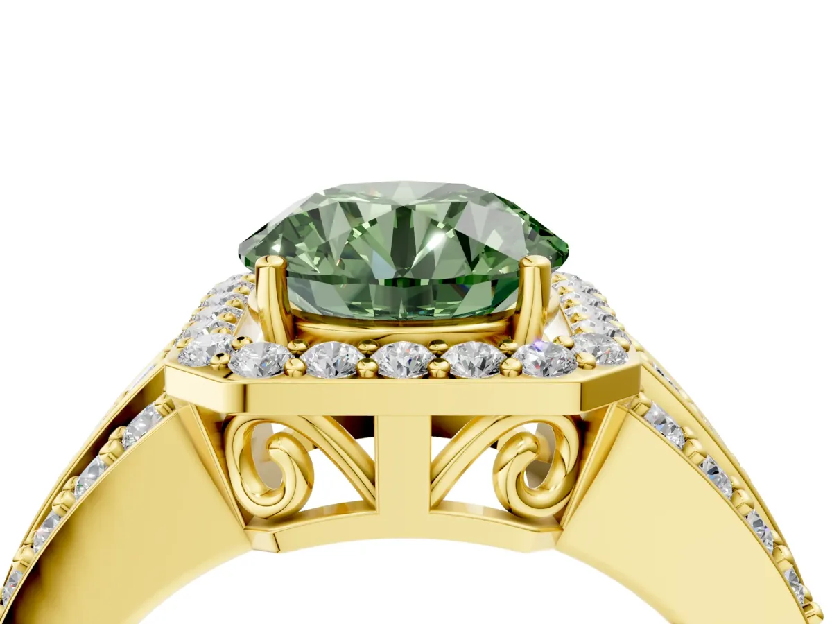 Fancy Green Round Cut Halo Diamond Ring with Round Split Shank and Prong Setting Yellow gold