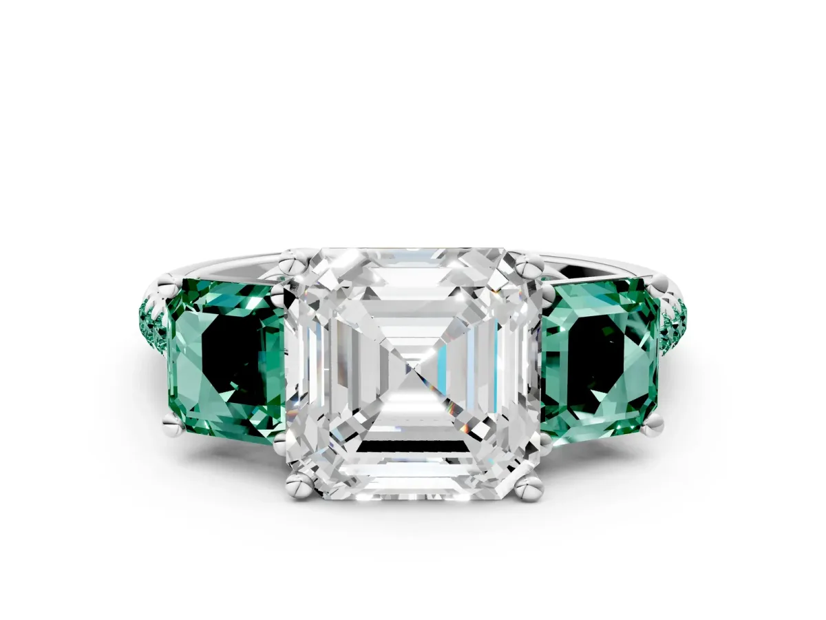 Three-Stone Asscher Cut Diamond Ring with Round Green Sapphire Pavé Band and Prong Setting Silver