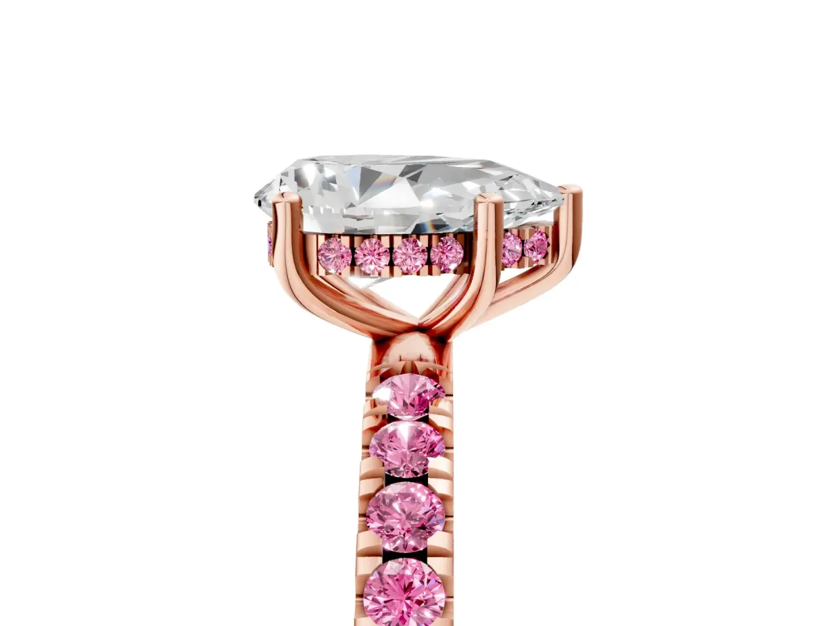 Pear Cut Diamond Pave Band Solitaire Ring with Round Pink Sapphire and Prong Setting Rose gold